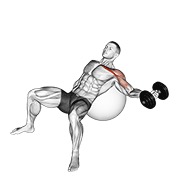 Fluturări înclinate cu o mână, pe minge de exerciții, cu gantera