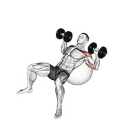 Împins înclinat pe minge de exerciții, cu gantere